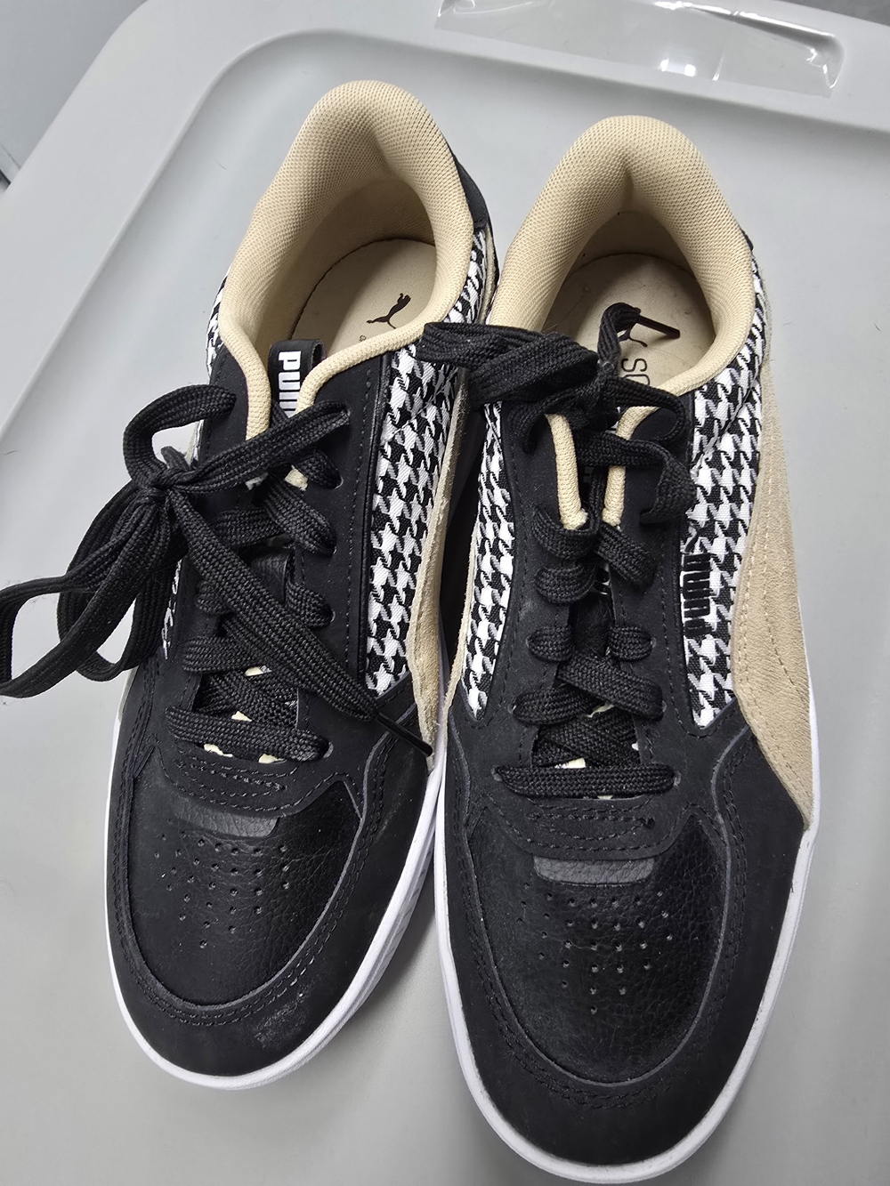 Puma Black & Beige Houndstooth Low-Top Sneakers